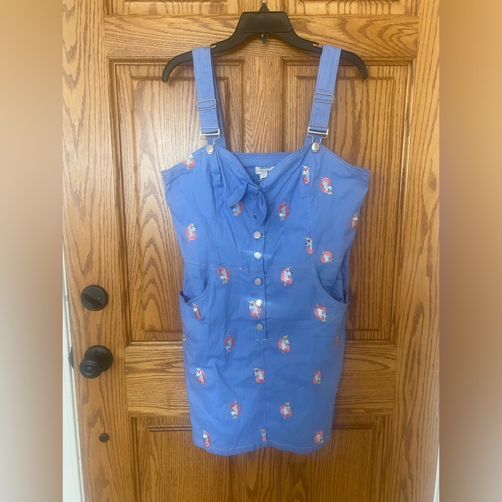 Unique Vintage Periwinkle Blue Unicorn Embroidered Pinafore Dress XL
